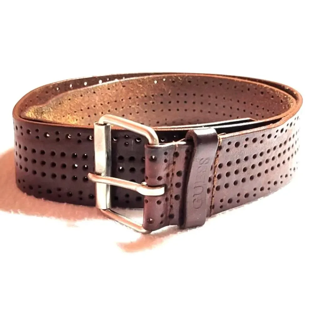 Guess Mens Brown Punched Wide Leather Belt Sz 40 Western Silvertone Buckle
